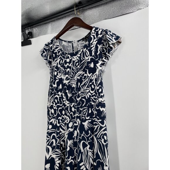 NWT Aqua Womens Medium Jumpsuit Floral Navy White Ruffle Sleeves Coastal Casual - Picture 5 of 11